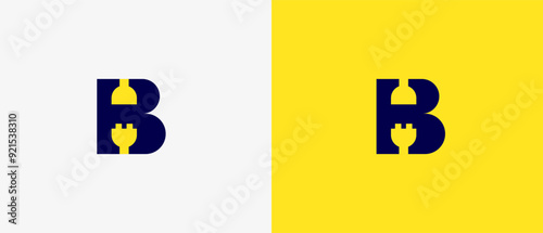 Logo Minimalist letter B and electrical connect in negative space,  electricity, energy, thunder, volt icon simple. Editable file