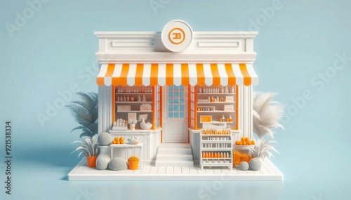 3d building shop with realistic  style, white and orange color palette. building and architecture.