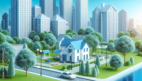 3d house with park in realistic style with blue and green color palette. building and exterior architecture.