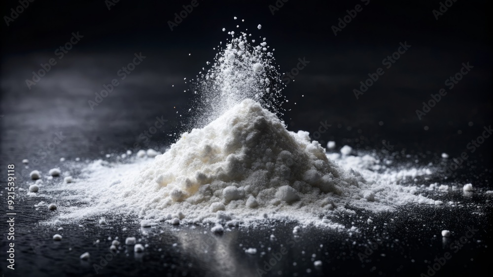 Soft, delicate white powder scattered on a pristine black background, dramatically lit to accentuate texture and subtle shadows, creating a sense of serenity. Soft, delicate white powder scattered on a pristine black background, dramatically lit to accentuate texture and subtle shadows, creating a sense of serenity.