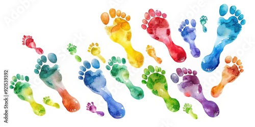 Vibrant watercolor footprints in various colors and directions create a chaotic yet harmonious pattern on a white background, symbolizing diverse paths and life journeys intersecting.