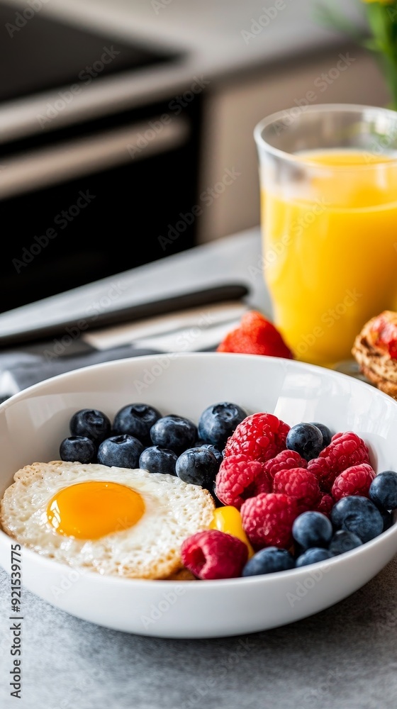 healthy breakfast with fried egg, berries, and orange juice on kitchen countertop. healthy breakfast with fried egg, berries, and orange juice on kitchen countertop.