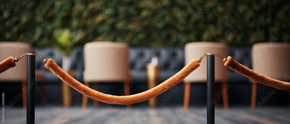 velvet rope barrier with chairs and green wall in a modern restaurant ...