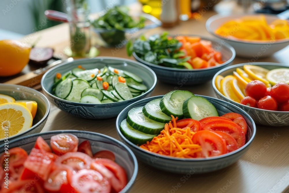 Sliced fruits and vegetables in bowls, ready for making salads or smoothies Sliced fruits and vegetables in bowls, ready for making salads or smoothies