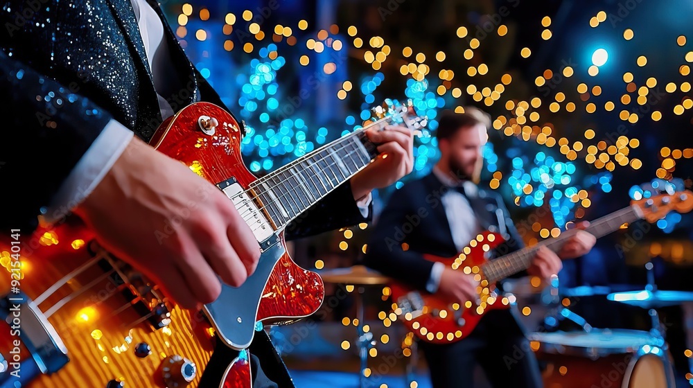 Obraz premium Close-up of musicians performing live at a dinner party, adding to the enjoyment and entertainment.