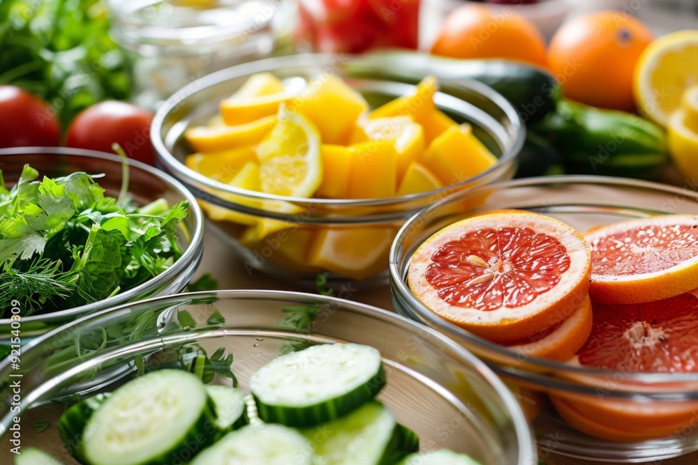 Sliced fruits and vegetables in bowls, ready for making salads or smoothies Sliced fruits and vegetables in bowls, ready for making salads or smoothies