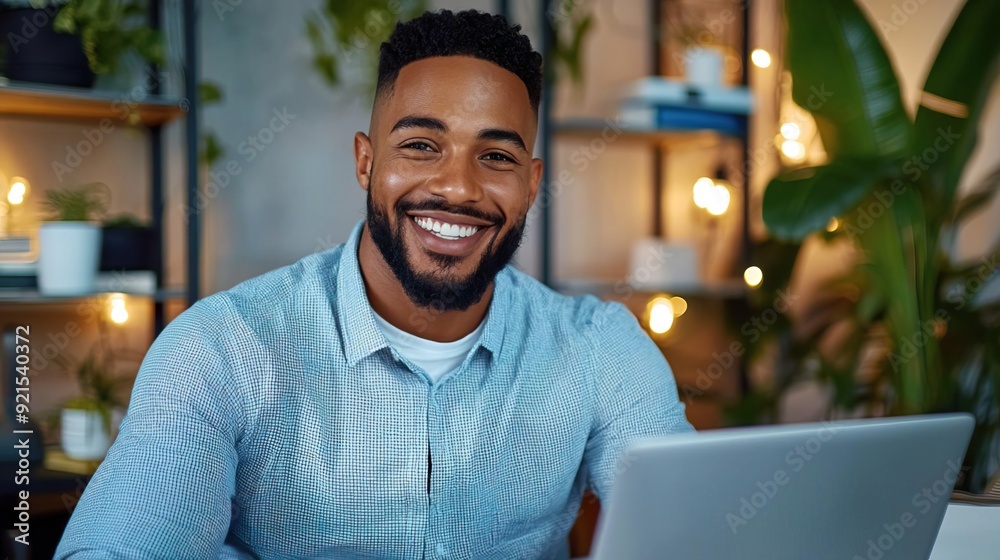 Smiling man working on laptop in home office. Smiling man working on laptop in home office.