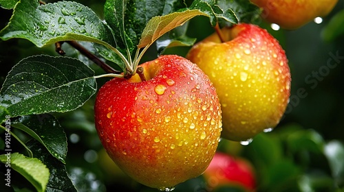 Fresh green and red apples and pears with water drops on leaves.