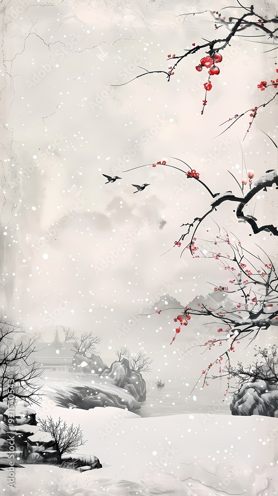 Digital snow scene ink plum blossom abstract illustration poster background Digital snow scene ink plum blossom abstract illustration poster background