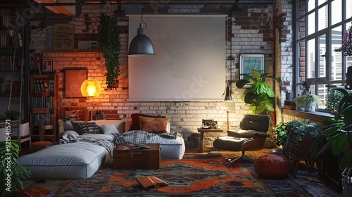 Fototapeta Naklejka Na Ścianę i Meble -  Ultra-sharp 3D render of a stylish loft interior showcasing a mockup poster, eclectic decor, and cozy lighting. With copy space for text