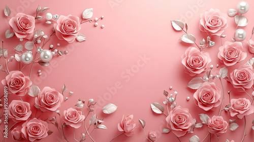 Happy Mother's Day. Women's Day. Happy Wedding. Greeting Card. Beautiful roses and pearls border on a pink background. Floral frame for wedding invitation card. Party banner. Copy space area for text