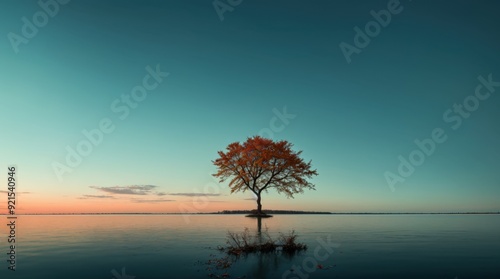 Distinctive vivid crimson tree casting falling leaves by serene reflective waters at sunset 