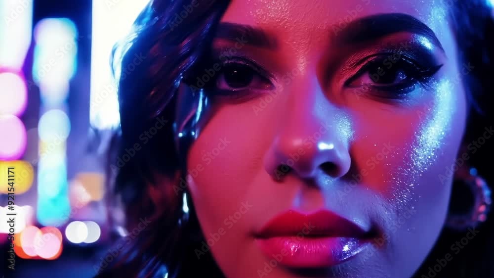 Fashion model with daring glitter makeup is illuminated by colorful nightclub lights. Her face is the focus of the image, highlighting the artistry of her makeup Fashion model with daring glitter makeup is illuminated by colorful nightclub lights. Her face is the focus of the image, highlighting the artistry of her makeup