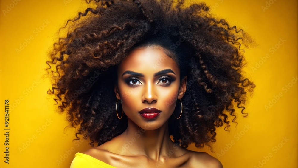 Fototapeta premium Stunning African American woman with luscious, curly black hair and piercing brown eyes, posing confidently against a vibrant yellow background in a sleek outfit.
