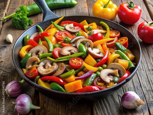 Colorful array of fresh vegetables, including bell peppers, onions, and mushrooms, sizzling in a hot skillet on a stovetop, emitting savory aromas. photo