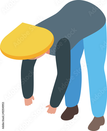 Asian farmer wearing a traditional conical hat is bending over and picking something up