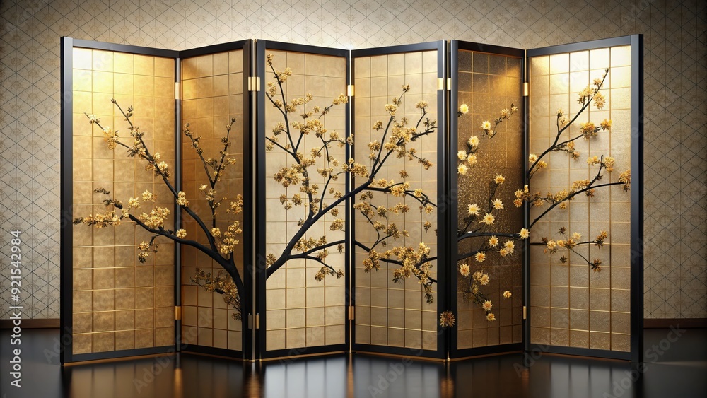 Traditional Japanese folding screen with intricate gold and black lacquer design, adorned with cherry blossom patterns, placed in a serene minimalist setting. Traditional Japanese folding screen with intricate gold and black lacquer design, adorned with cherry blossom patterns, placed in a serene minimalist setting.