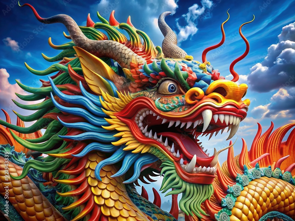 Majestic Chinese dragon stretches mighty body, flaunting fierce gaze, sharp teeth, and menacing claws, radiating ancient mythical power and mystical aura in vibrant colors. Majestic Chinese dragon stretches mighty body, flaunting fierce gaze, sharp teeth, and menacing claws, radiating ancient mythical power and mystical aura in vibrant colors.