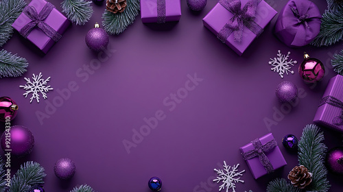 Christmas and New Year decoration background with purple gift boxes. Gift boxes background. Christmas background. Copy space area for text