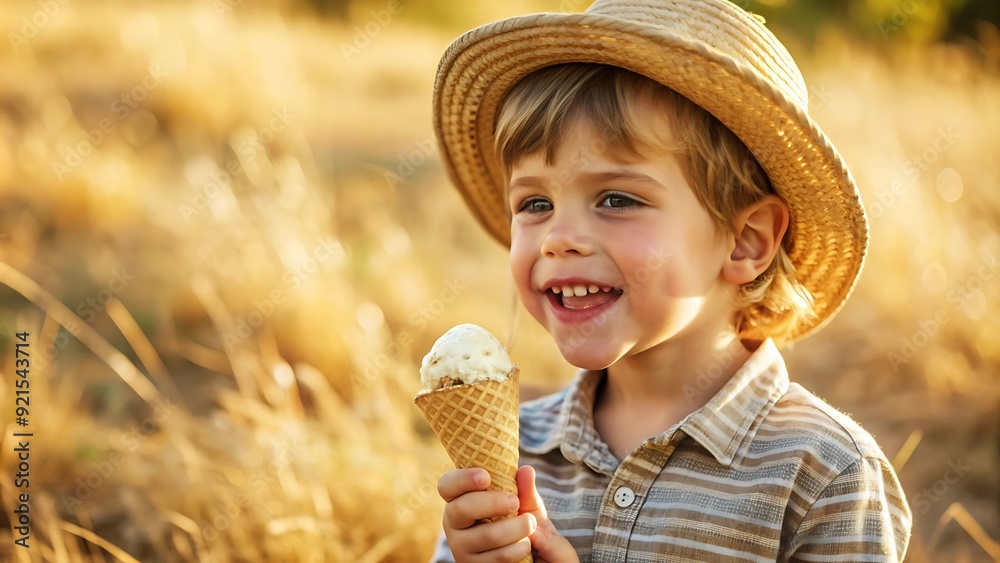 Happy Child Eating Ice Cream in a Summer Field. Happy Child Eating Ice Cream in a Summer Field.