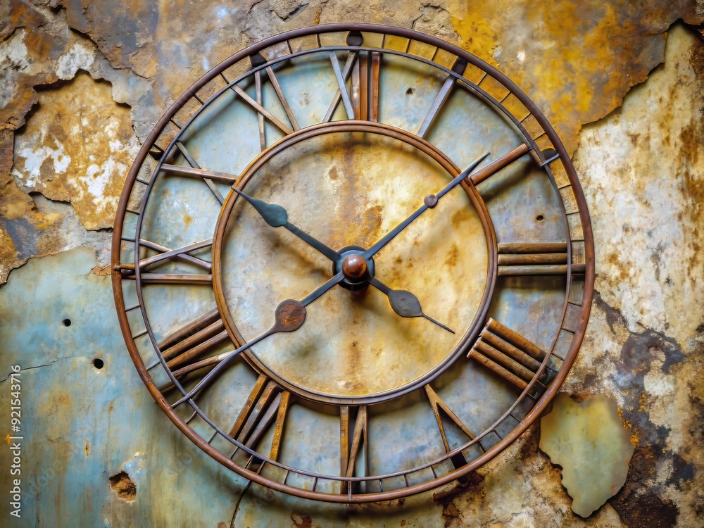Obraz premium A worn, vintage metal clock face with intricate Roman numerals and rusty hands, mounted on a distressed, peeling wall, indicating the passage of time.