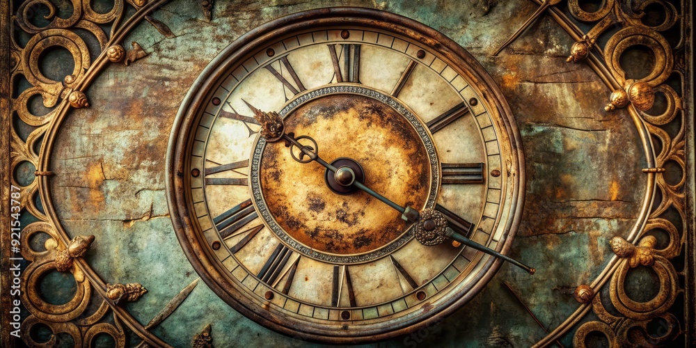 Fototapeta premium A worn, antique-inspired clock face with Roman numerals, ornate details, and a subtle patina, symbolizing the passage of time and nostalgia for bygone eras.
