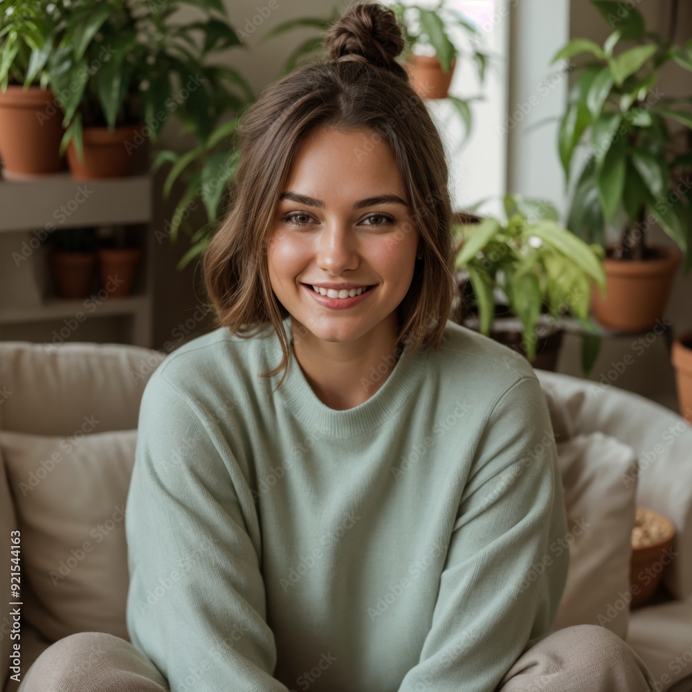 Eager girl with a warm smile enjoys the coziness of a room filled with plants Eager girl with a warm smile enjoys the coziness of a room filled with plants