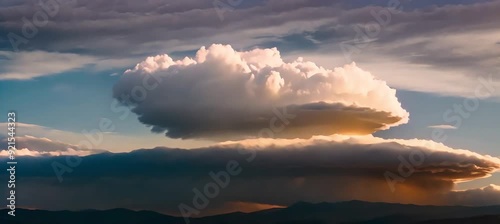 A stunning lenticular cloud forms. resembling a smooth, lens-shaped saucer. shaped by orographic lift and stable airflow photo