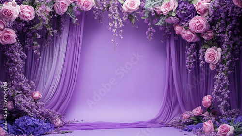 Elegant purple wall with curtain and floral decoration. Studio for a wedding or party background, photo studio, product presentation or Valentine's Day celebration. Copy space for text.