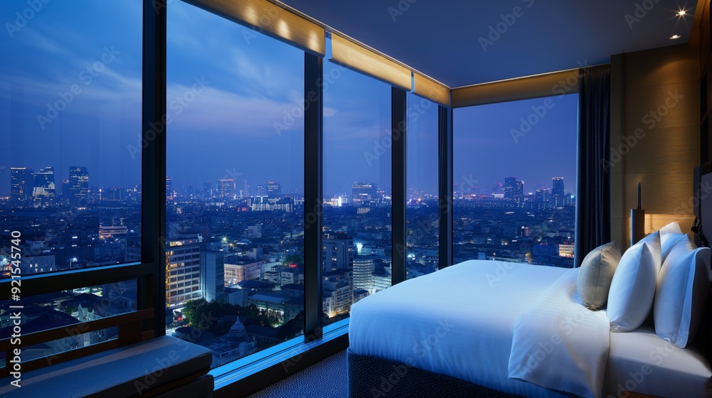Fototapeta premium hotel room overlooking the city at night