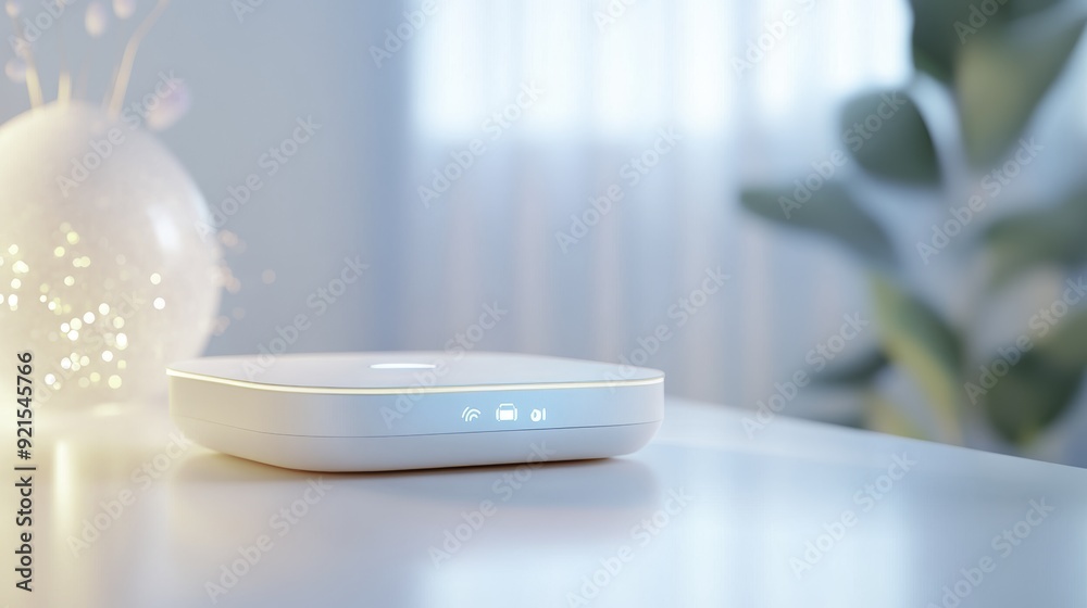 White Wireless Router on Table with Bokeh Background White Wireless Router on Table with Bokeh Background