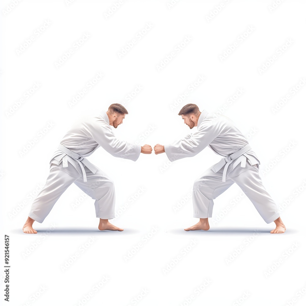 Two martial artists in white uniforms bowing and touching fists, showcasing respect and discipline in martial arts on a white background. Two martial artists in white uniforms bowing and touching fists, showcasing respect and discipline in martial arts on a white background.