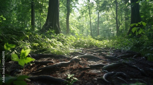 A ground-level perspective of the forest floor, featuring a mix of foliage, roots, and earthy textures that showcase the lush, diverse environment.