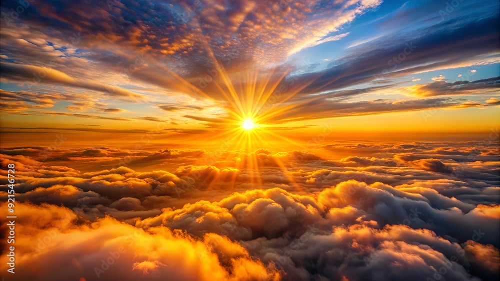 Aerial view of vibrant orange and yellow sunset or sunrise with clouds and light rays above the clouds, Aerial, view, vibrant Aerial view of vibrant orange and yellow sunset or sunrise with clouds and light rays above the clouds, Aerial, view, vibrant