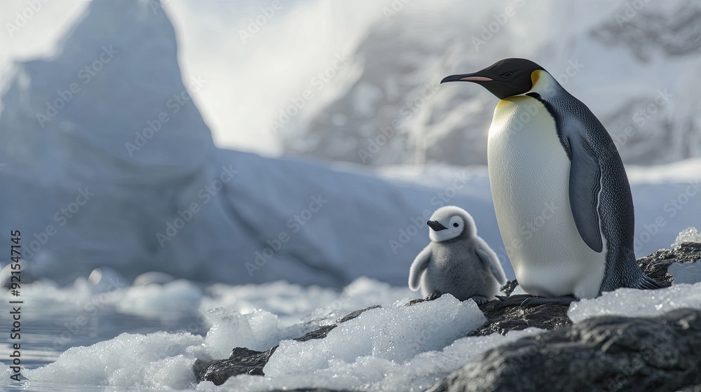 Obraz premium A penguin gives birth on the icy shores of Antarctica, surrounded by towering glaciers and a pristine, frozen landscape.