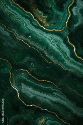 Elegant emerald and gold abstract art evoking marble or agate patterns 