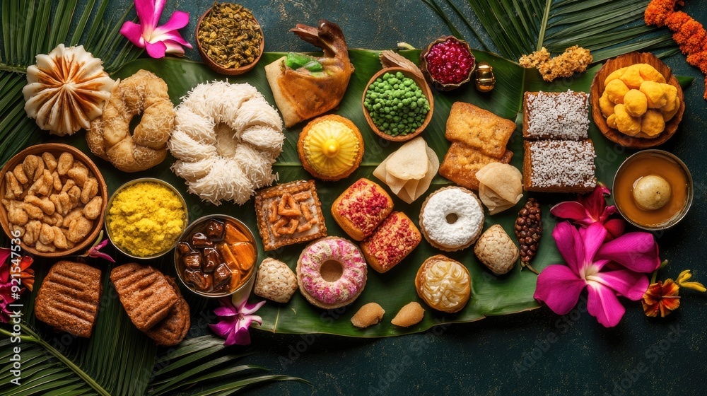 A variety of Indian sweets arranged on a banana leaf, surrounded by festive decorations, inviting you to indulge in the rich flavors and cultural heritage. A variety of Indian sweets arranged on a banana leaf, surrounded by festive decorations, inviting you to indulge in the rich flavors and cultural heritage.