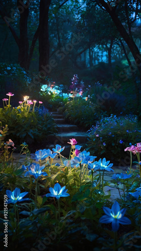 ethereal garden where flowers glow with bioluminescence, casting a soft, magical light across a misty landscape