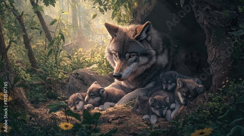 A wolf gives birth to her pups in a hidden den within a tranquil forest, with the morning mist gently lifting.