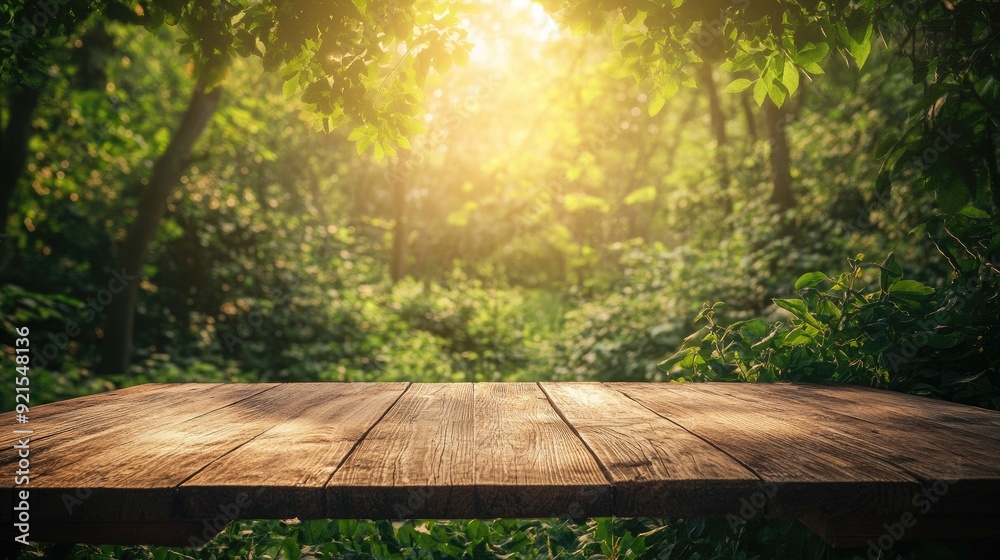 Natural wooden table set in a tranquil forest, bathed in soft, dappled sunlight. Ideal for creating a peaceful, nature-themed advertisement. Natural wooden table set in a tranquil forest, bathed in soft, dappled sunlight. Ideal for creating a peaceful, nature-themed advertisement.