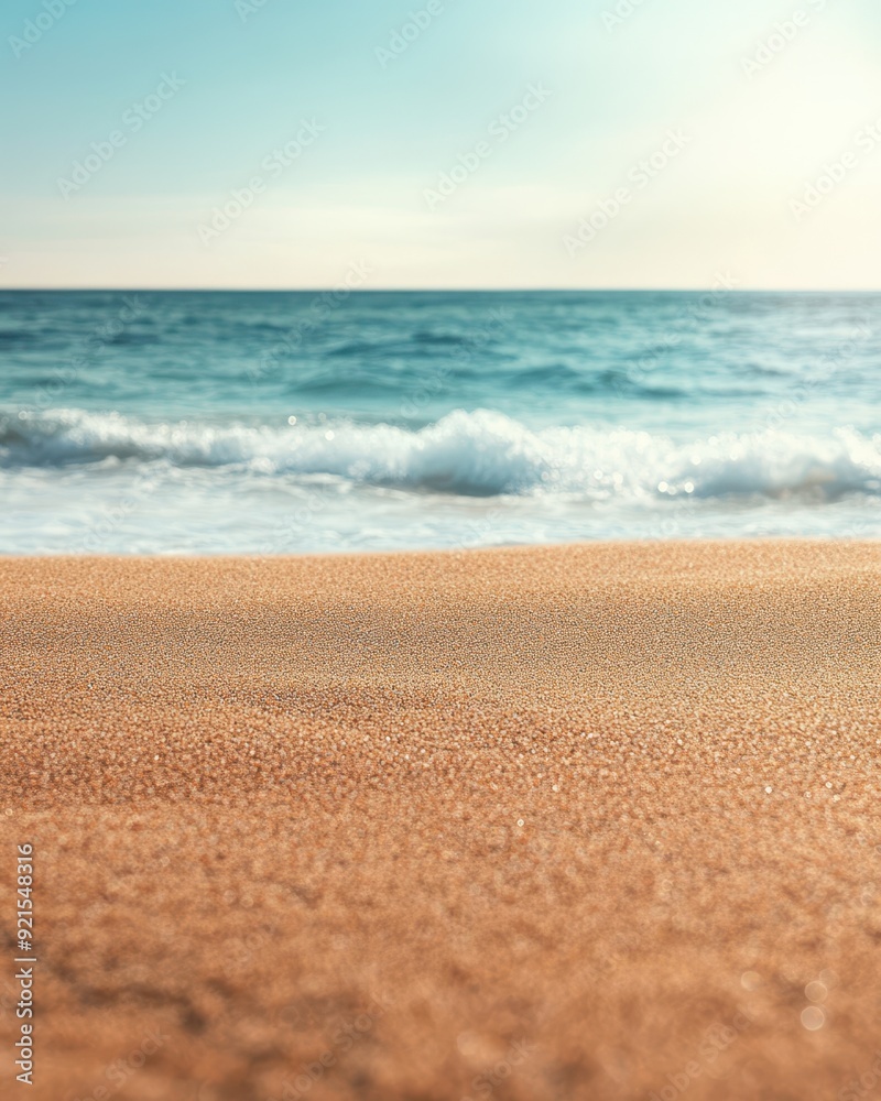 Wet sandy beach with soft ocean blur in background, soothing scene, Top Natural Surface, Coastal Calm