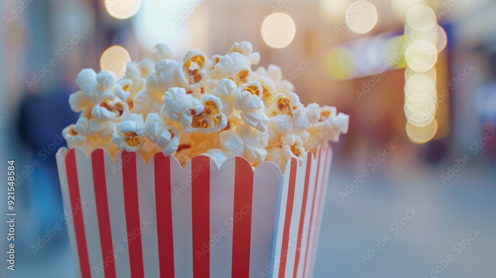 Popcorn in a red and white box with a bokeh background. Popcorn in a red and white box with a bokeh background.
