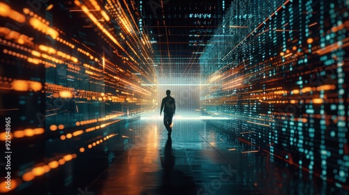 Silhouette of a Man Walking Through a Digital Corridor