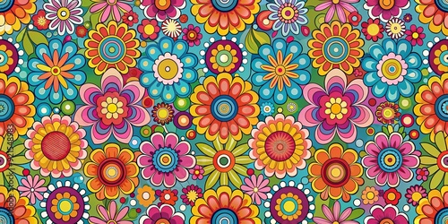 Colorful 60s retro pattern featuring vibrant flowers and geometric shapes, vintage, retro, 1960s, colorful, floral, abstract