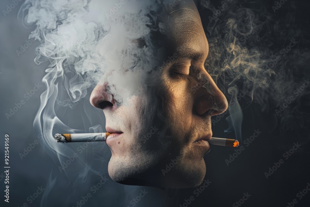 Fototapeta premium Smoke dramatically billows around a mans head capturing the suffocating nature of smoking addiction