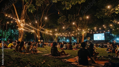 A night scene of an open-air cinema in a Thai park, with people on picnic blankets