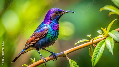 Vibrant purple sunbird perches on a delicate twig, its iridescent feathers glistening in the warm sunlight, showcasing its exquisite beauty in a lush, green forest.