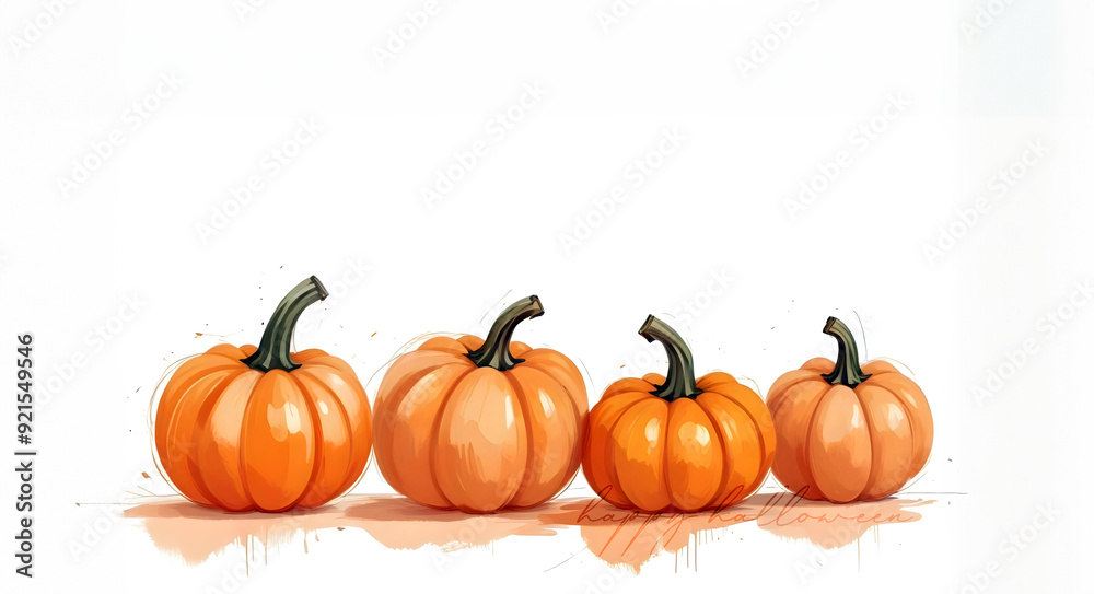 Watercolor painting of a group of four pumpkins with Happy Halloween lettering and white copy space
