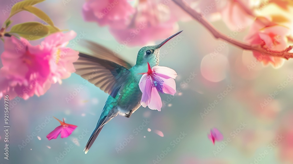 small bird hummingbird on a background of pink flowers and green leaves small bird hummingbird on a background of pink flowers and green leaves