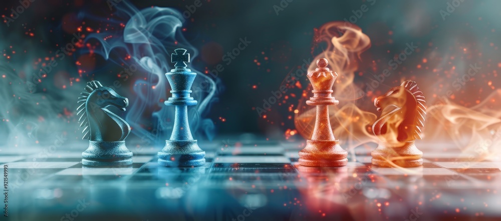 Two dragon chess pieces are on a board with fire and smoke in the background by AI generated image